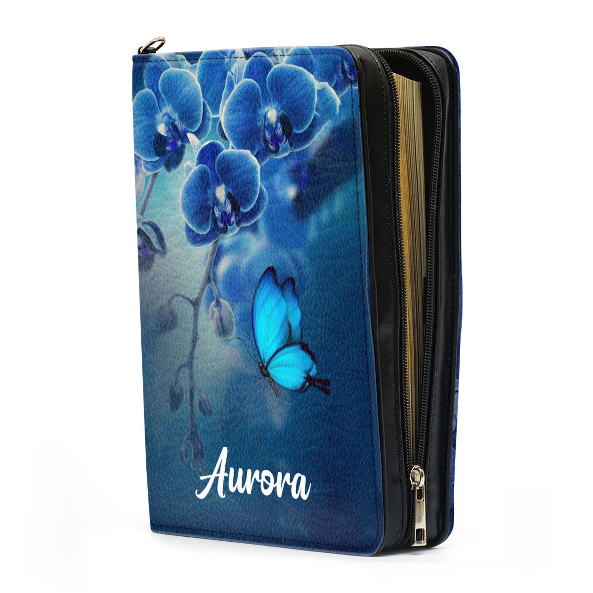 Psalm 37:4 - Blue Orchids And Lilac Leather Book Cover, Special Personalized Bible Cover, Delight Yourself In The Lord, Christian Gift, Bible Covers Jesus Gifts